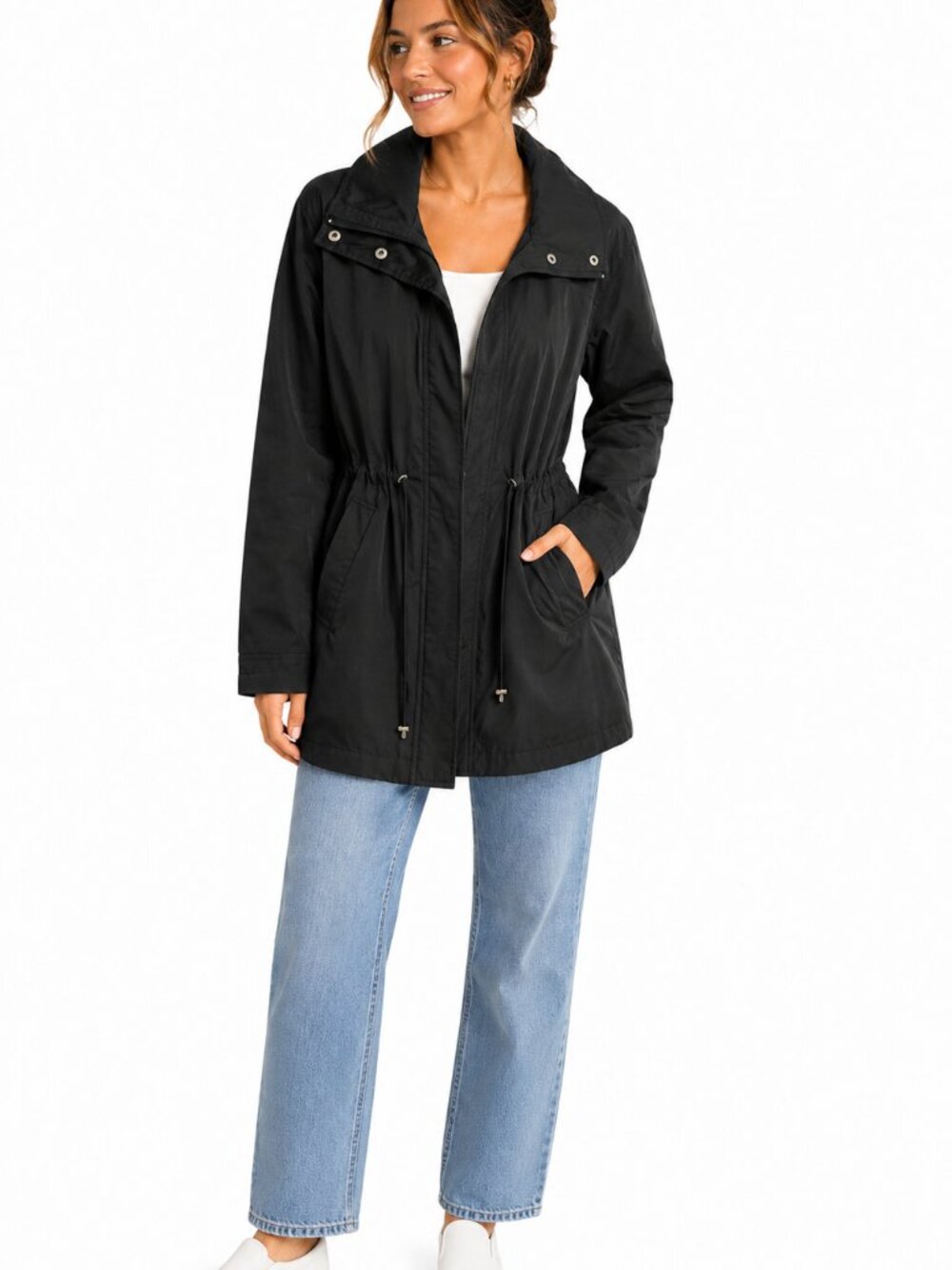 New York & Company Black Hooded Utility Jacket Drawstring Waist Women’s Small S